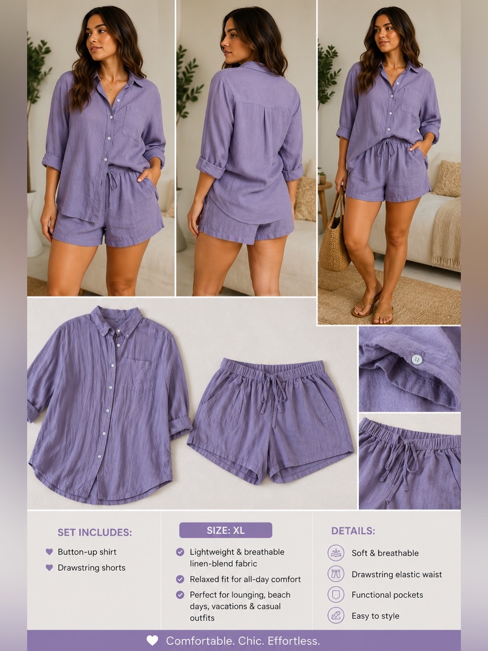 Women's Lavender Drawstring Linen-Blend Shorts